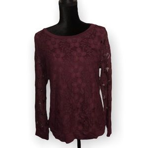 NWT Adrianna Papell Maroon Lace Long Sleeve Top Size medium M